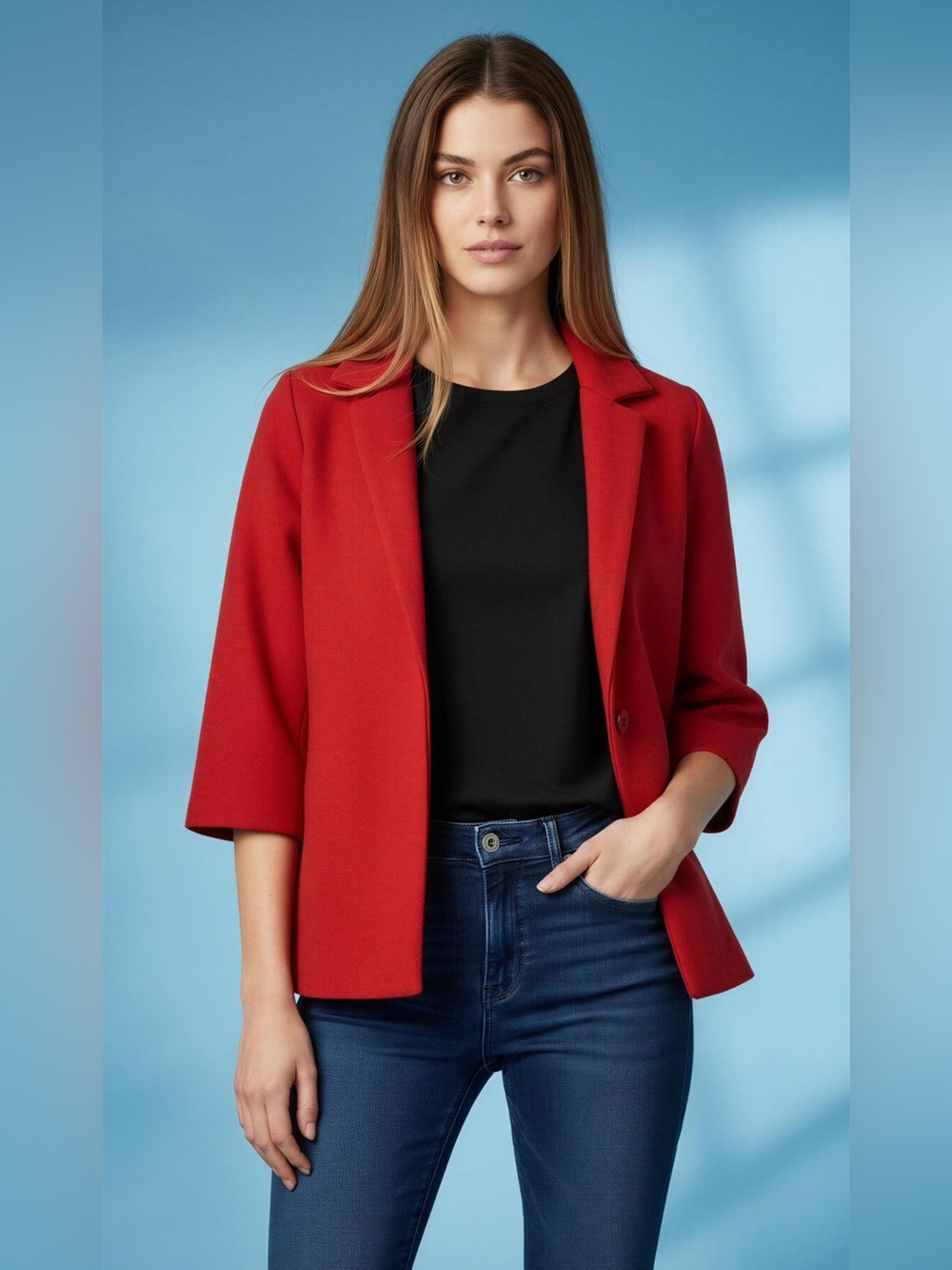 Moth By Anthropologie Carey Knit Blazer Jacket Womens S Red 3/4 Sleeve Collared
